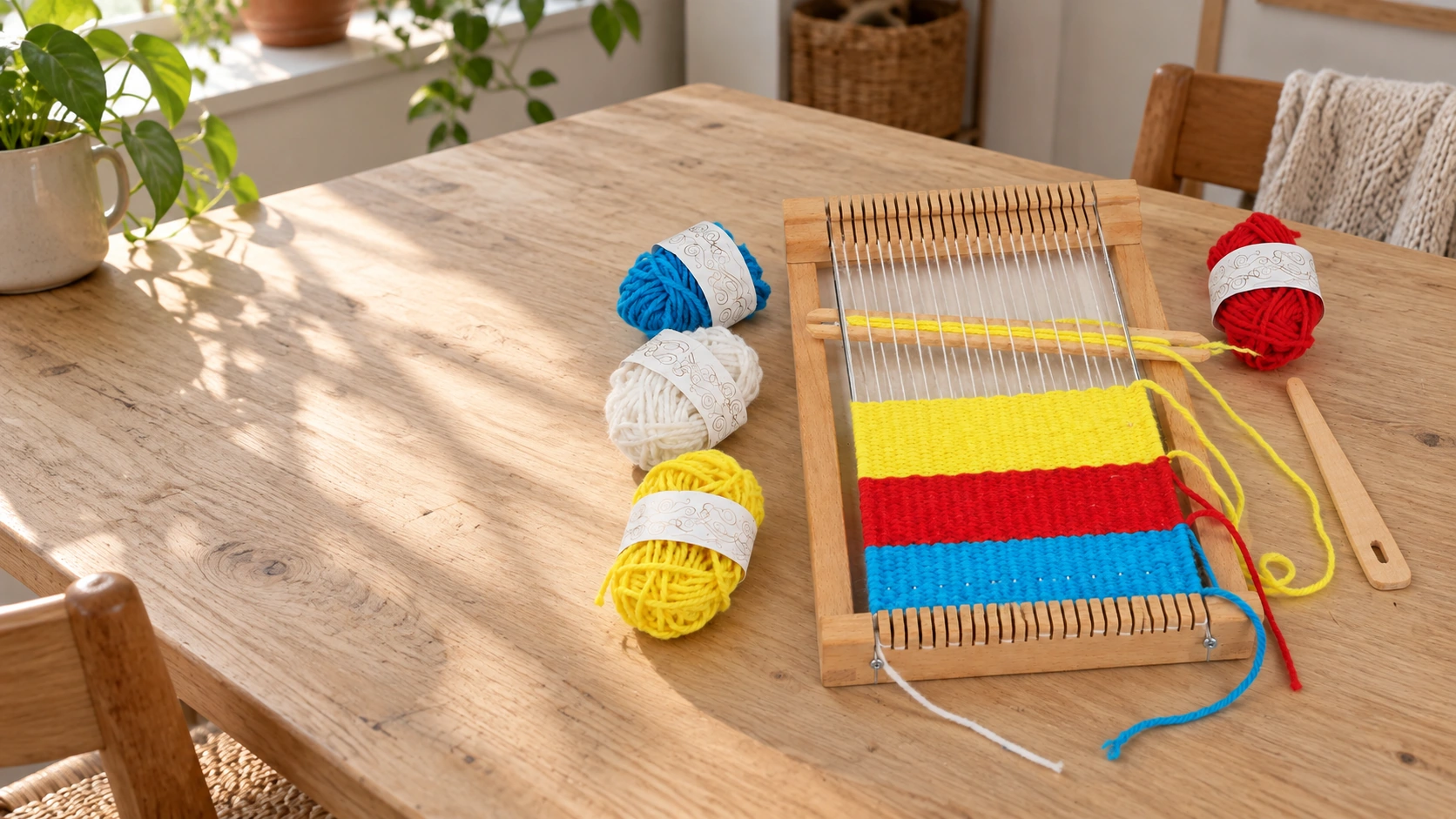 Wooden weaving loom with its selected yarn colors on a worktable