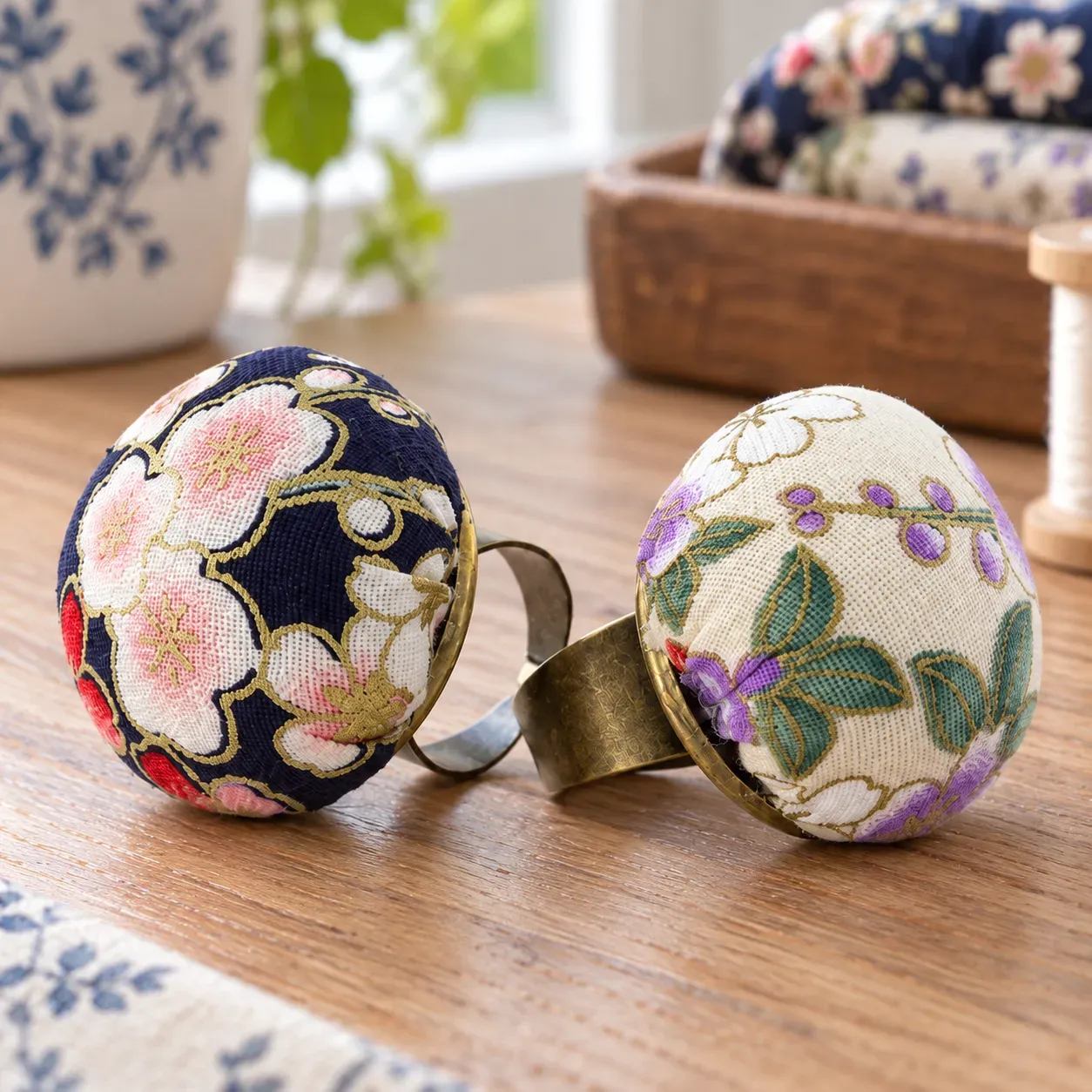 Penhurst Floral Pin Rings, Navy Floral and Cream Floral, construction detail