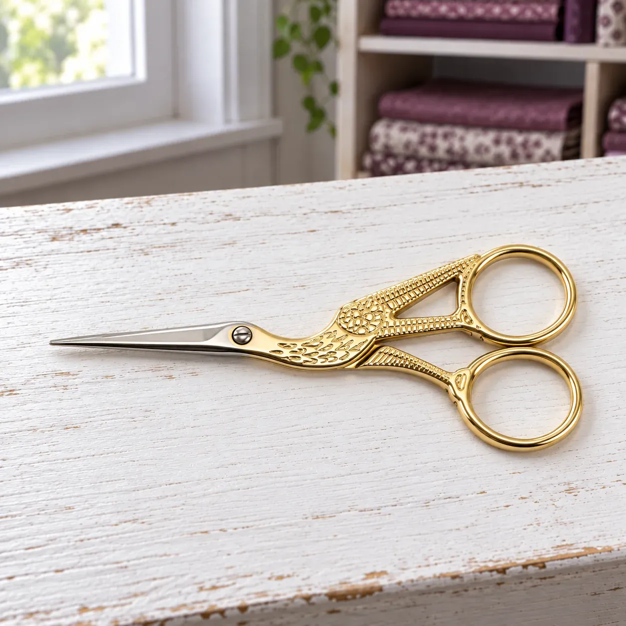 Overhead view of the closed stork scissors, showing both finger rings and their feather-pattern handles.