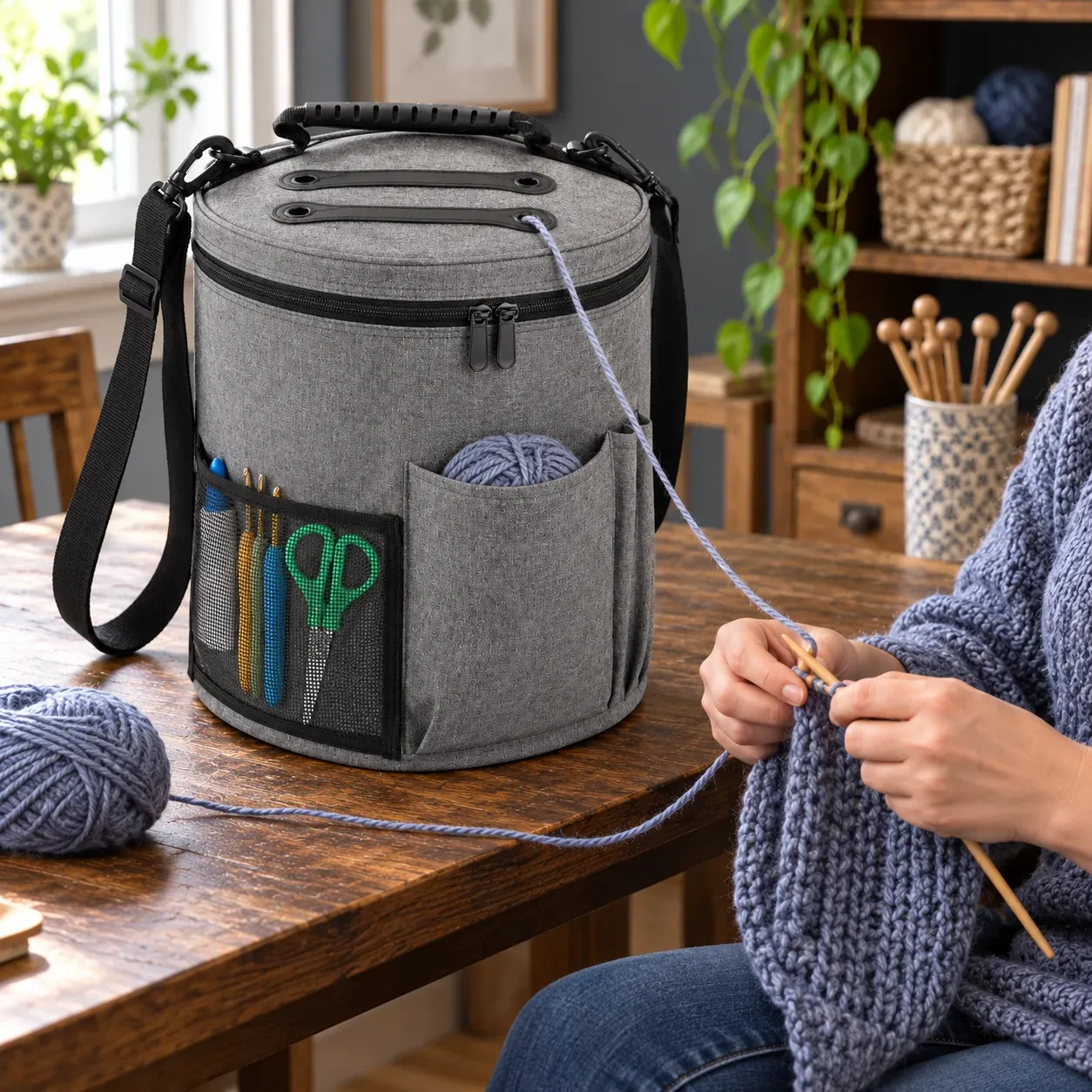 Gray Yarn Drum Bag — use