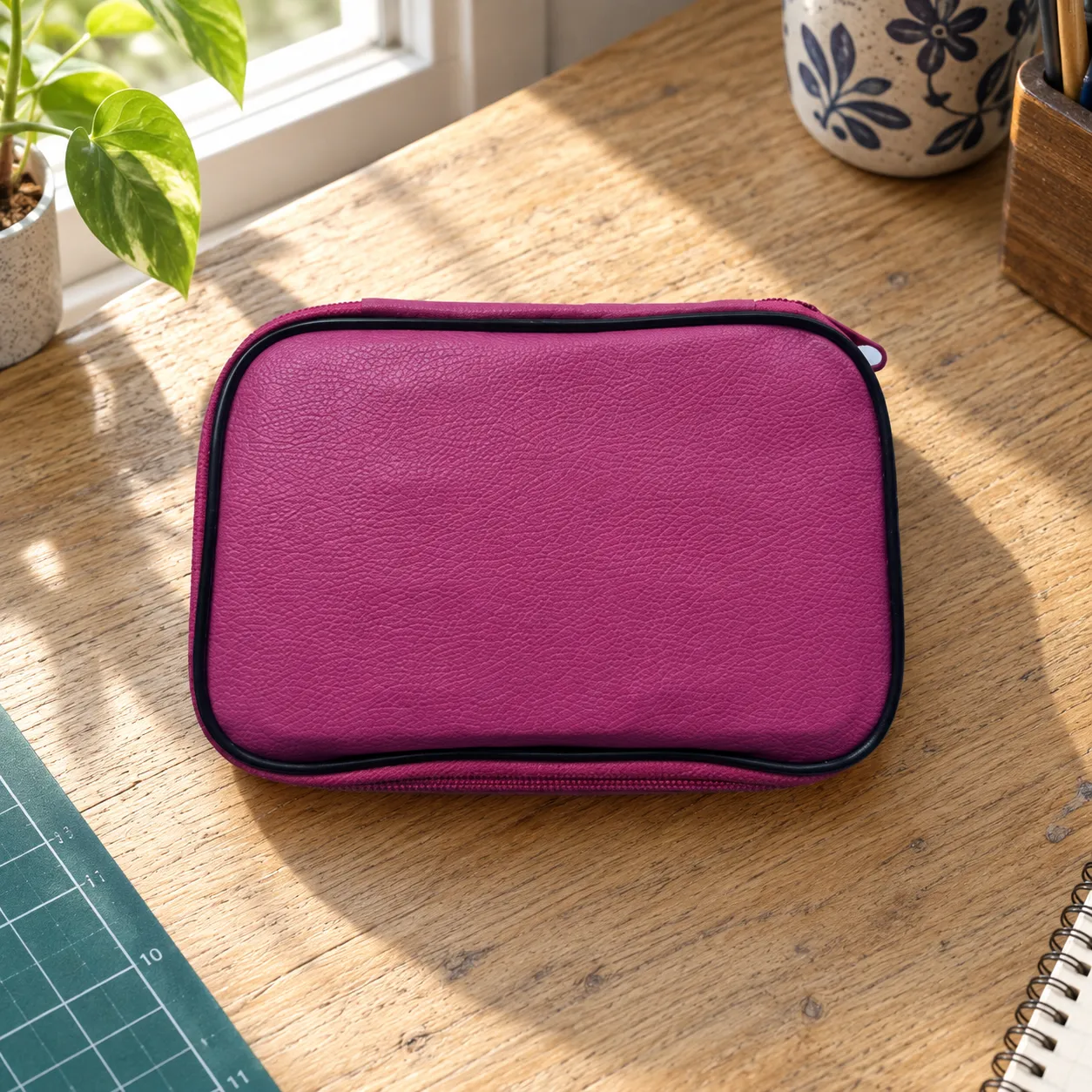 Closed rectangular magenta zip case supplied with the interchangeable crochet set.