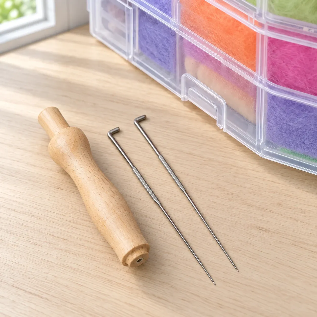 Close view of felting tools and wool compartments