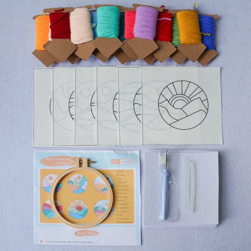 Six printed fabric patterns, yarn, hoop and punch needle in the selected materials kit