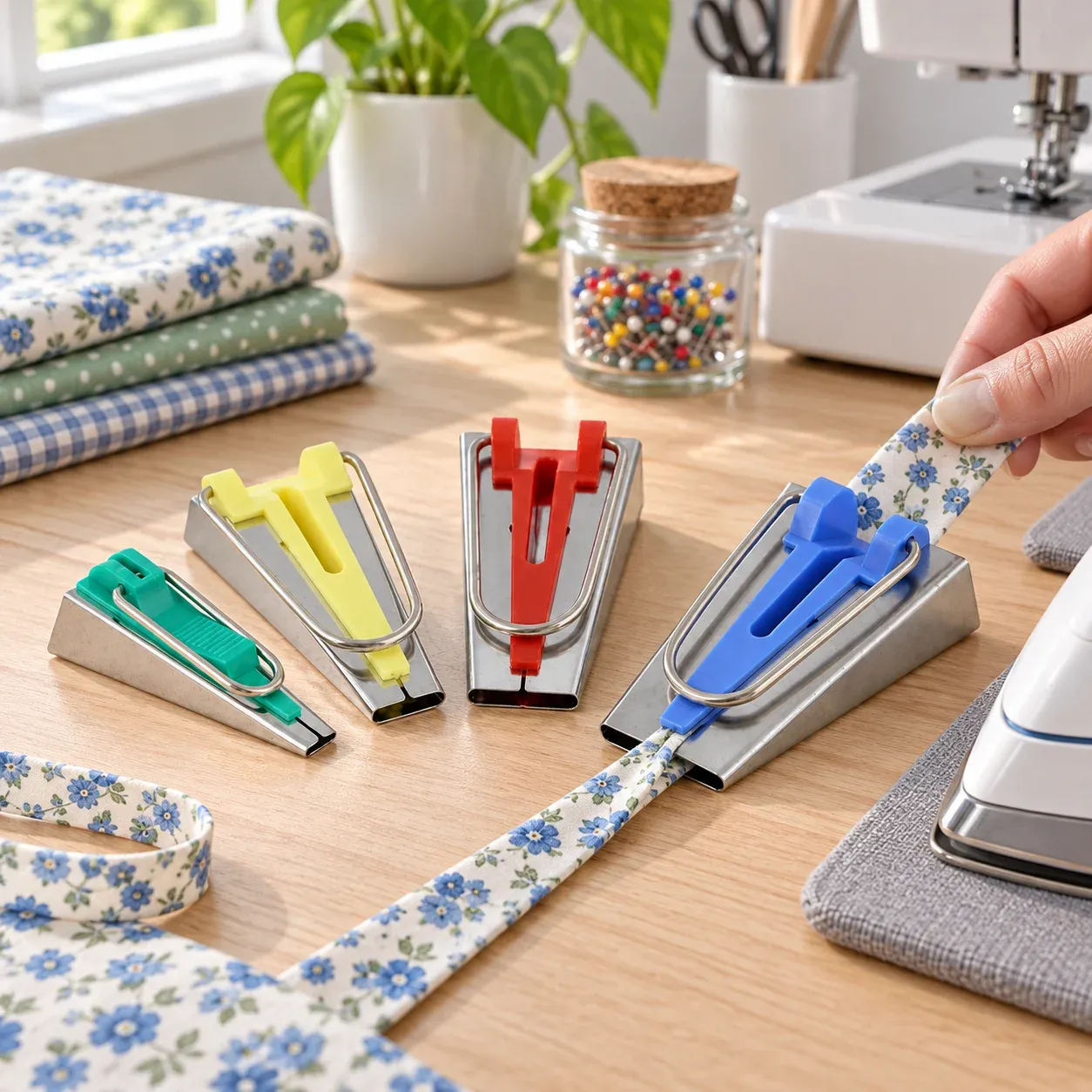 Briony Bias Maker Set in use on a sewing worktable