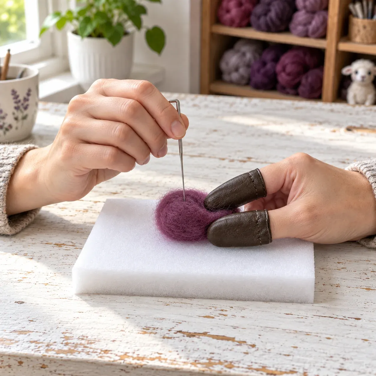 Hands using one felting needle over the included work pad; the plum wool is a demonstration material and is not included.
