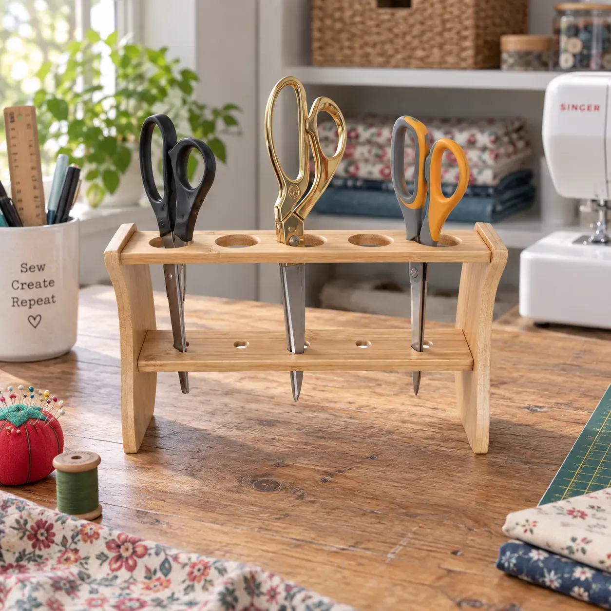Fenwick Scissors Stand, Natural Bamboo, in use; styling props are not included
