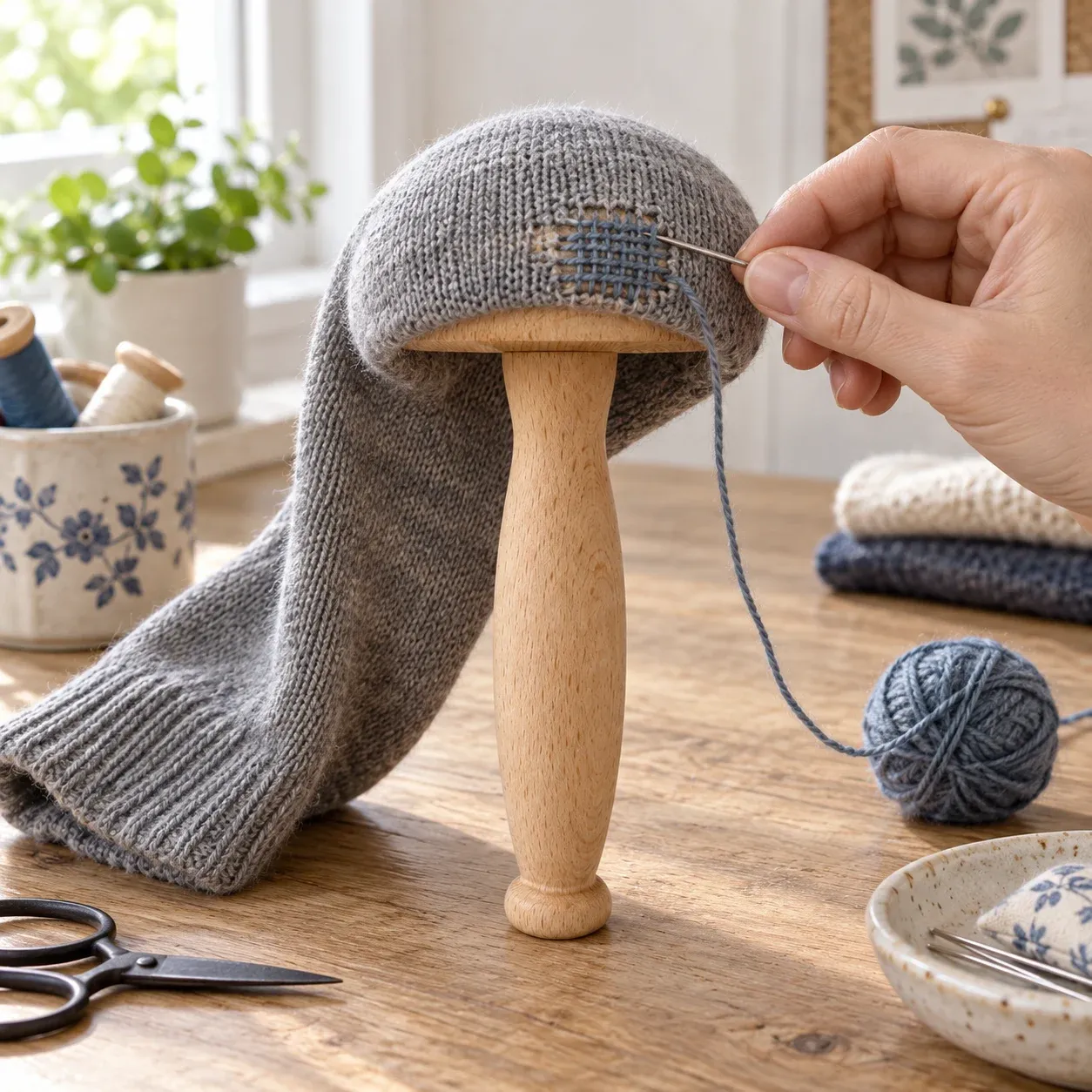 Wren Darning Mushroom in use on a sewing worktable