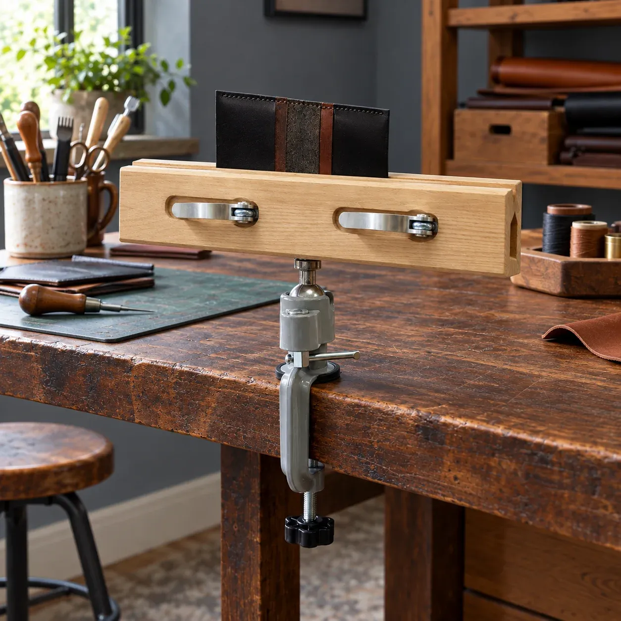 Horizontal Leather Stitching Clamp — use