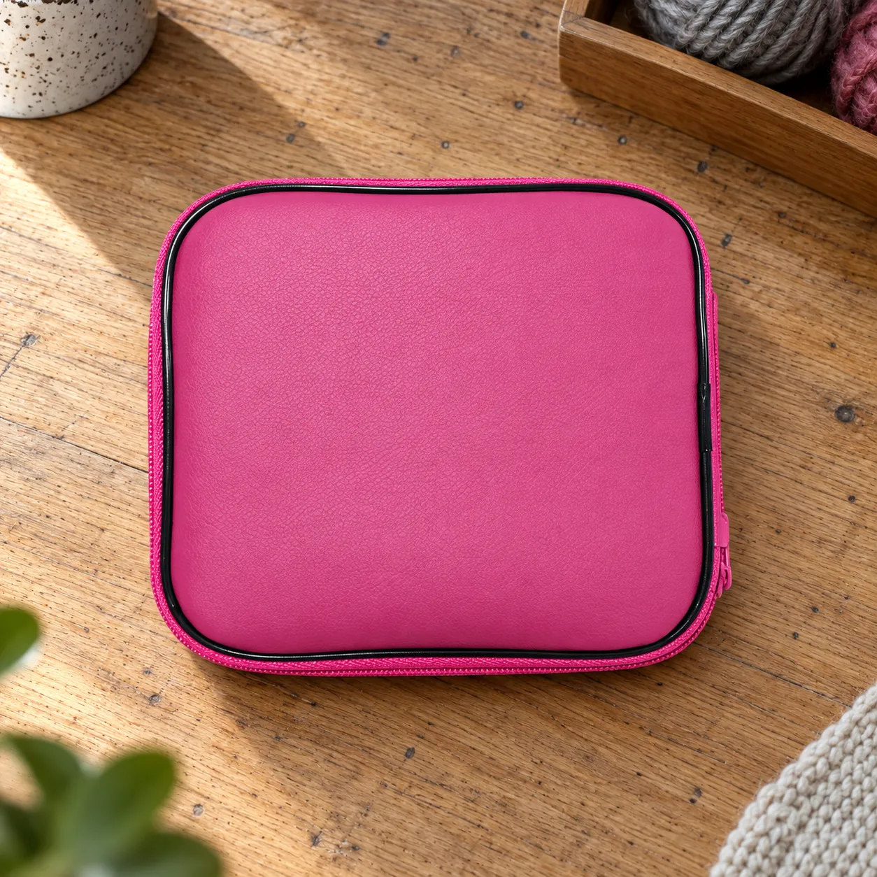 Closed pink square zip case supplied with the bamboo needle set.
