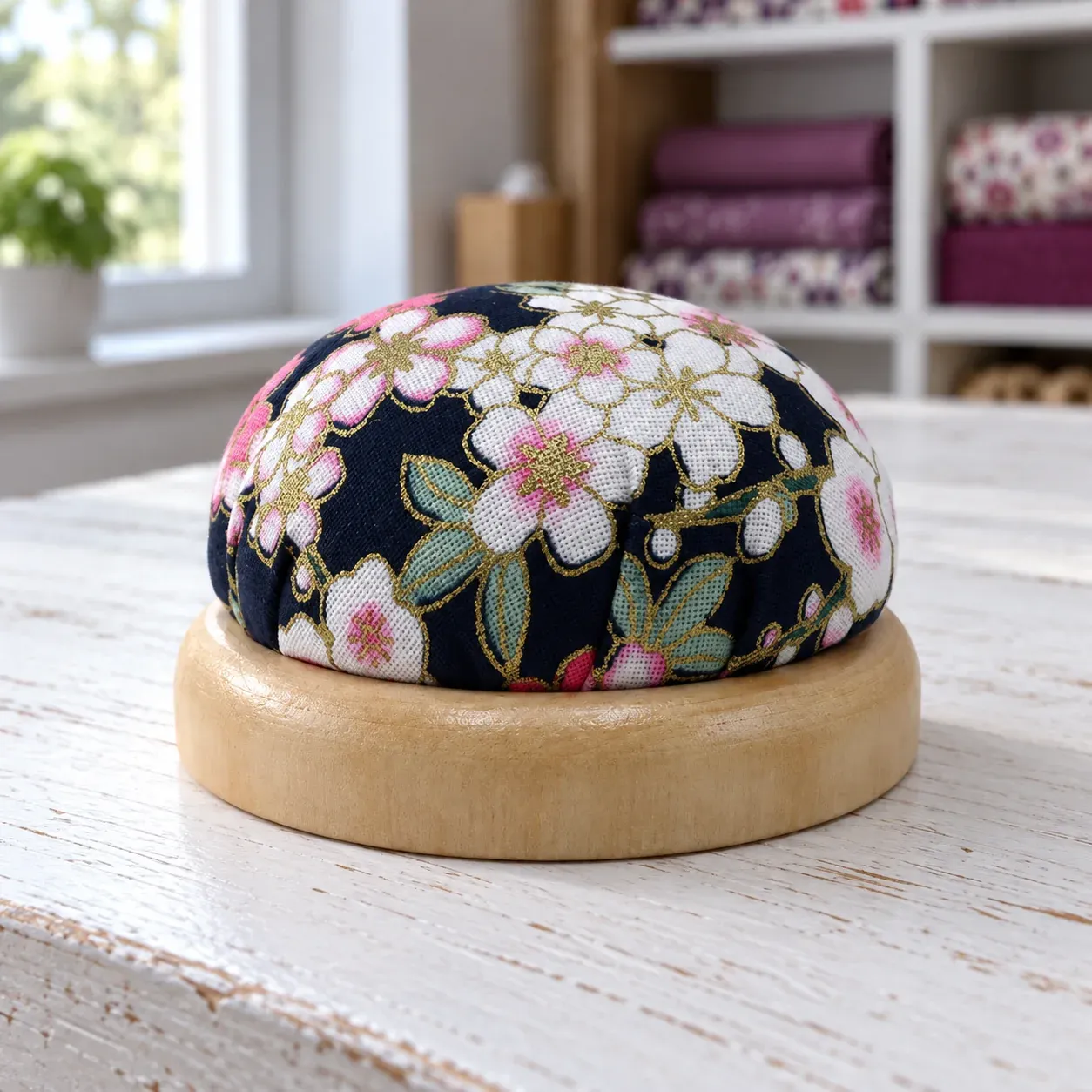 Black floral fabric pincushion in a round natural-wood base.