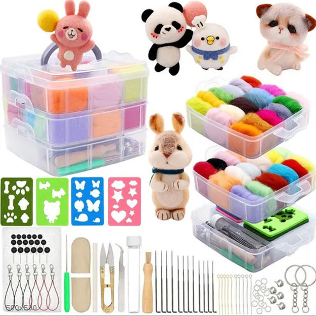 Selected wool felting kit shown open and closed; finished animals are examples, not included