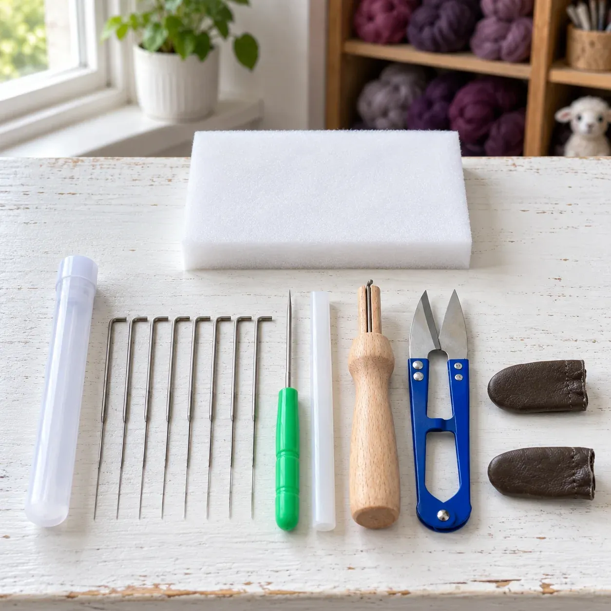 Eight fine felting needles, wood holder, tube, blue snips, green awl, white accessory stick, two finger covers and work pad.