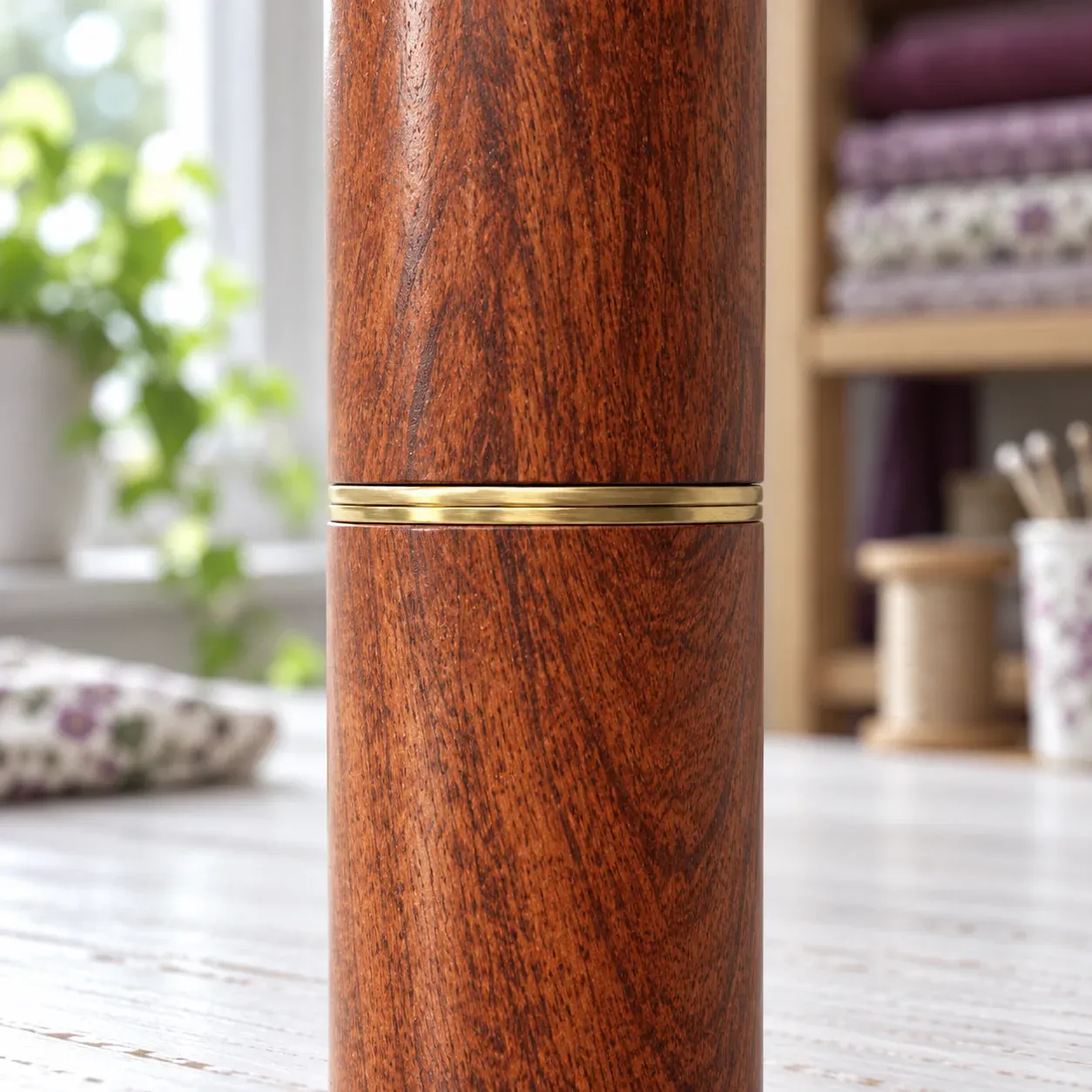 Close view of the closed brass seam and red-brown wood grain of the needle case.