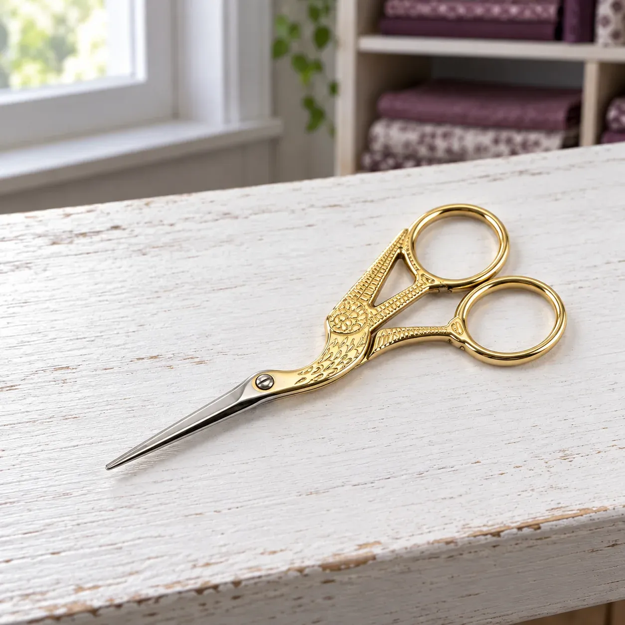 Gold-tone stork embroidery scissors with silver pointed blades, shown closed on a worktable.