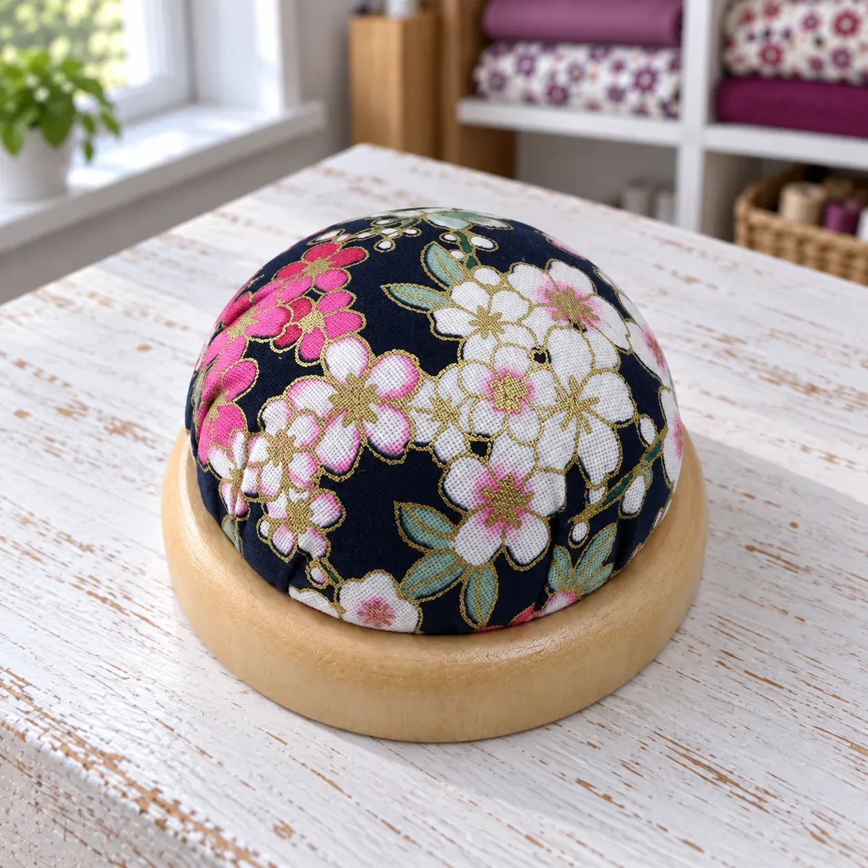 Top view of the dark floral pincushion and its circular wooden rim.