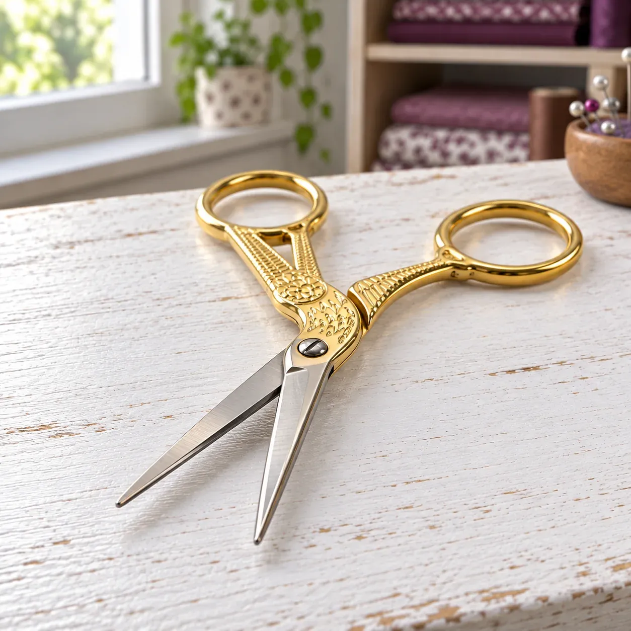Close view of the slightly open silver blades and screw pivot of the gold-tone stork scissors.