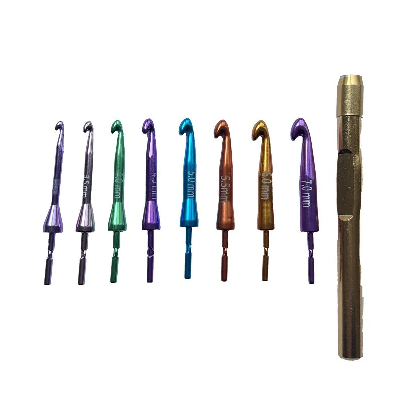 Eight colored aluminum hook heads and one gold-tone handle