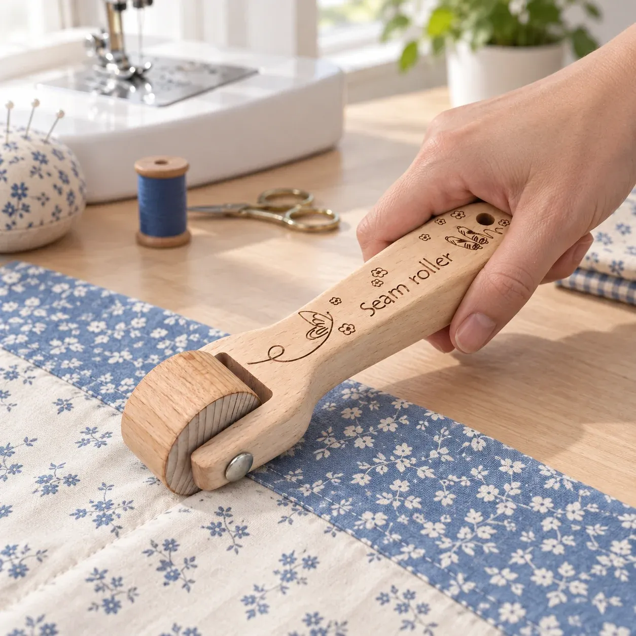 Marston Seam Roller in use on a sewing worktable