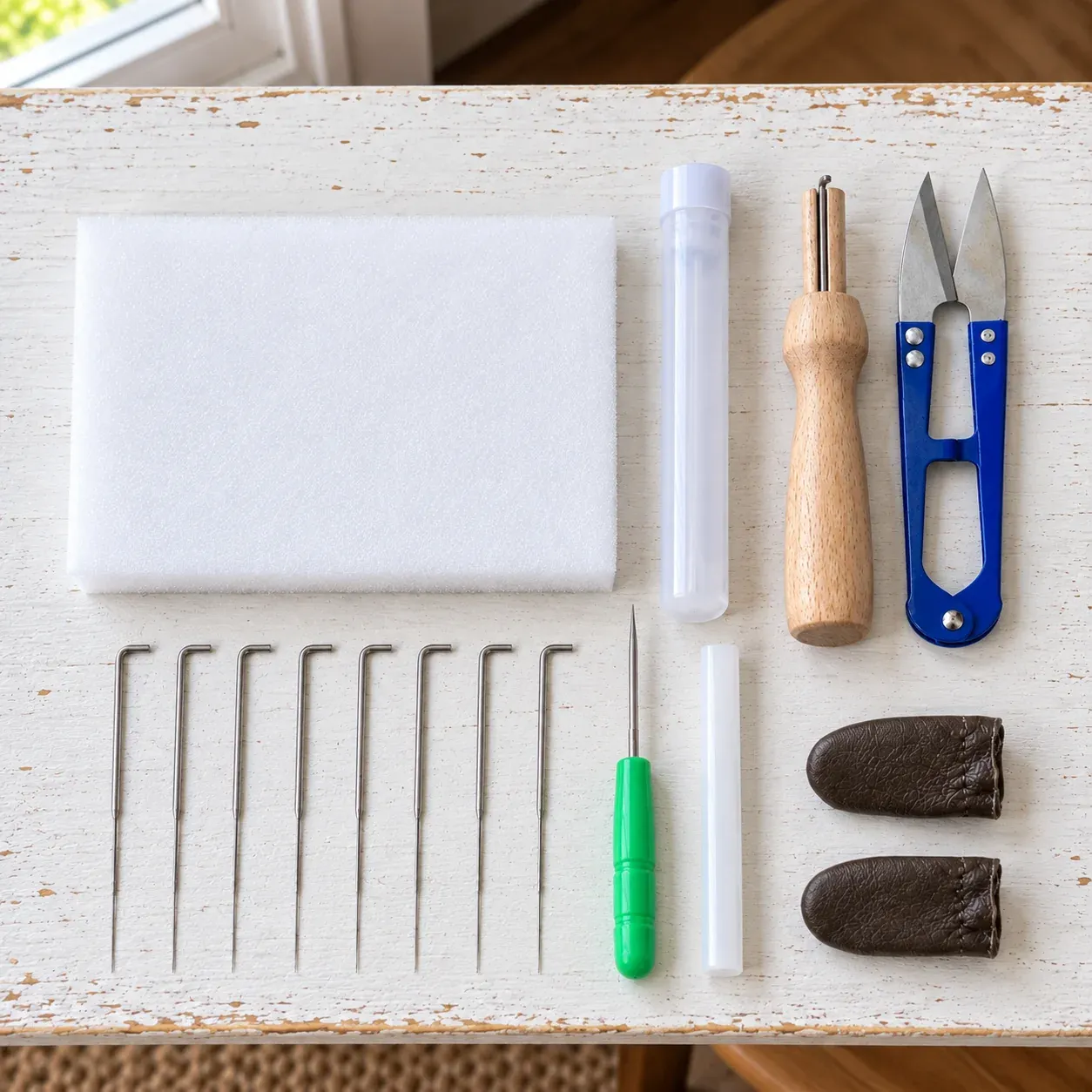 Overhead arrangement of the full eight-needle felting tool set beside its white work pad.
