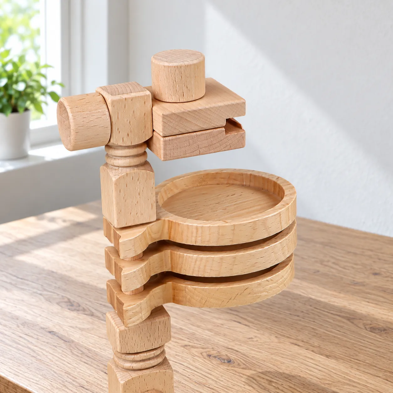 The three round trays folded together beneath the clamp; close view of the selected beech stand.
