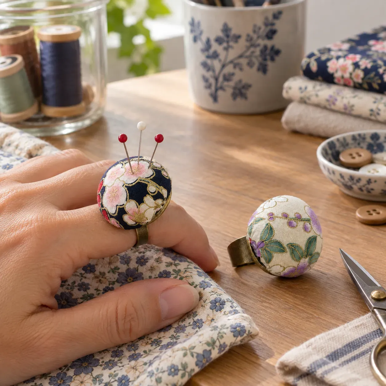 Penhurst Floral Pin Rings, Navy Floral and Cream Floral, in use; styling props are not included