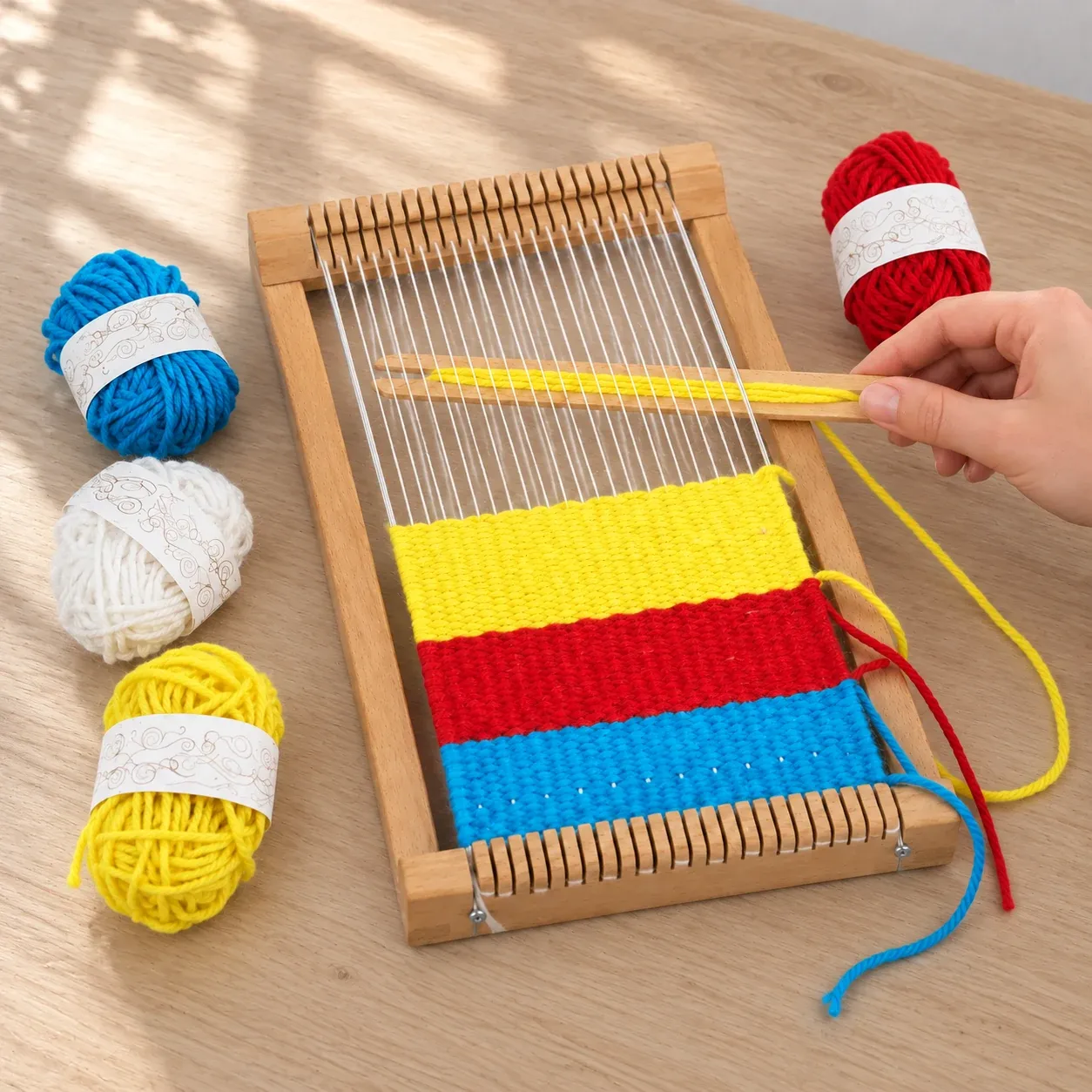 A hand guiding yellow yarn through a small beech weaving loom at a sunlit worktable. The weaving is a project example.