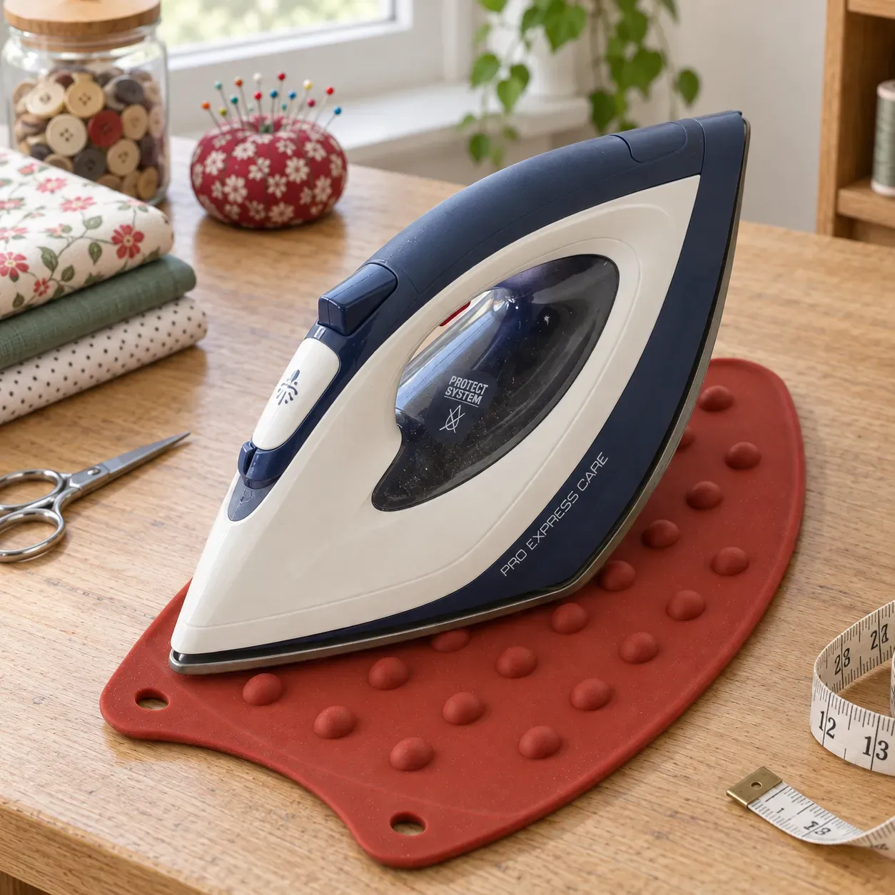Windermere Silicone Iron Rest, Brick Red, in use; styling props are not included