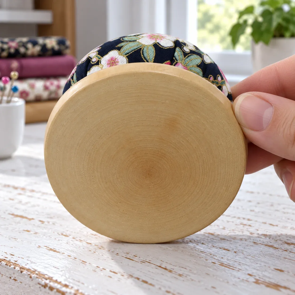 Plain wooden underside of the floral pincushion, gently held at its rim.