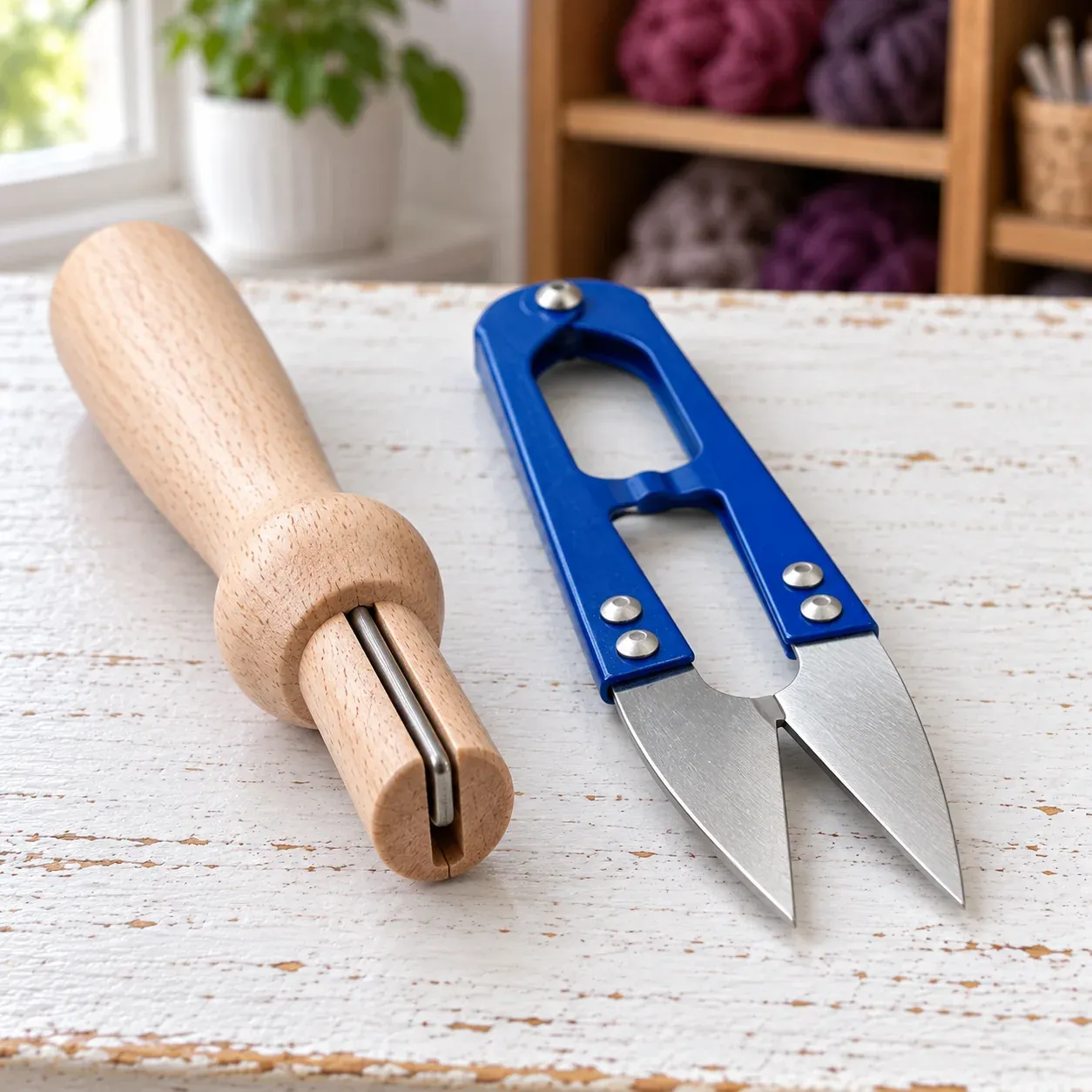 Close view of the wooden needle holder and blue spring snips included in the felting set.