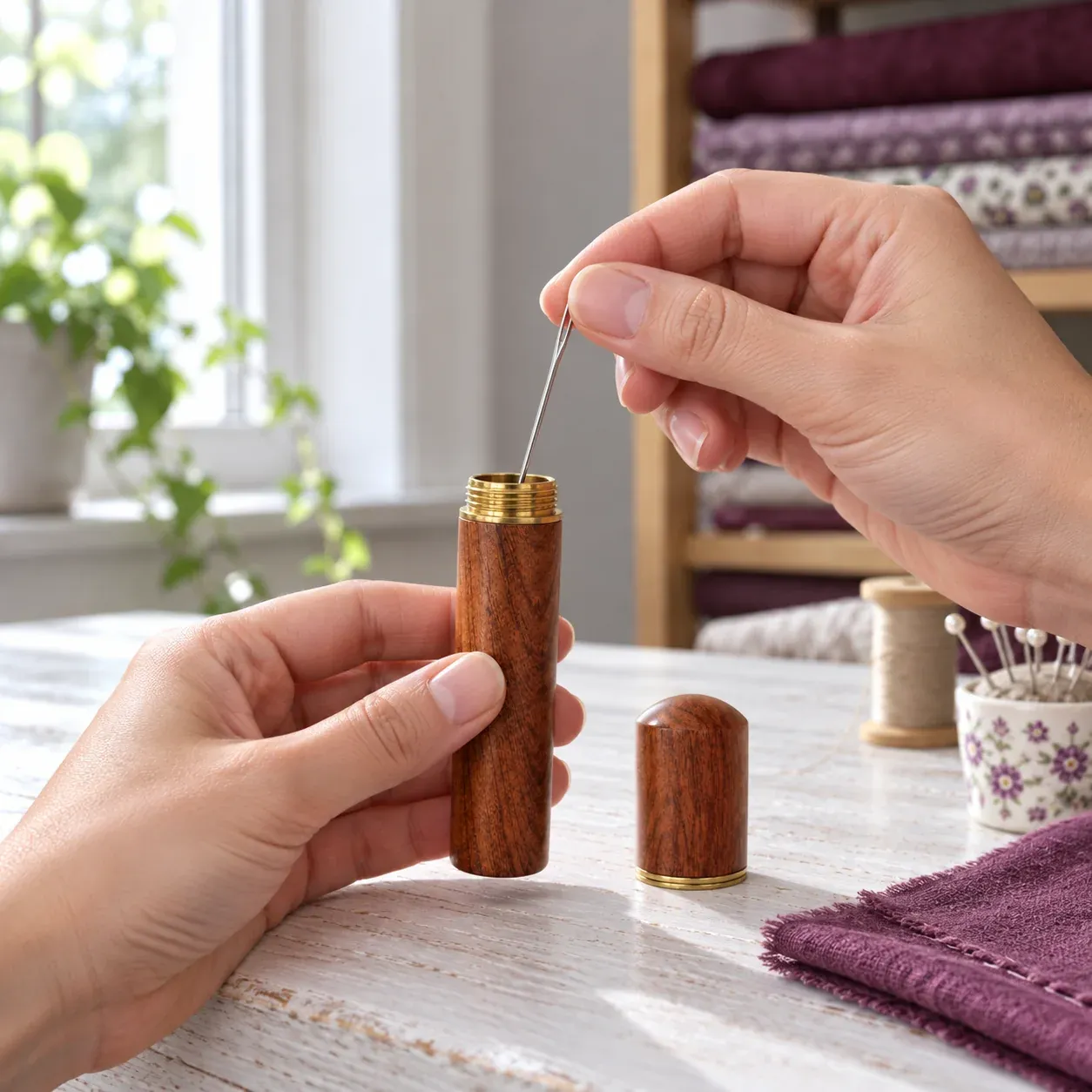 Hands placing a sewing needle into the wooden case; the demonstration needle is not included.