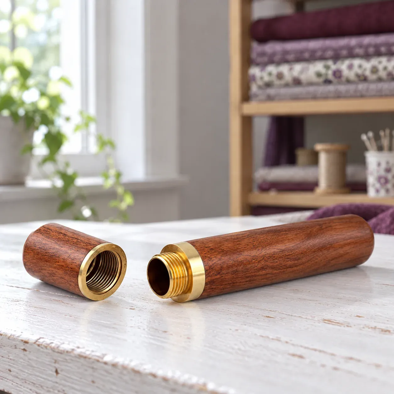 The empty wooden needle case opened, with its matching cap beside the brass-threaded body.