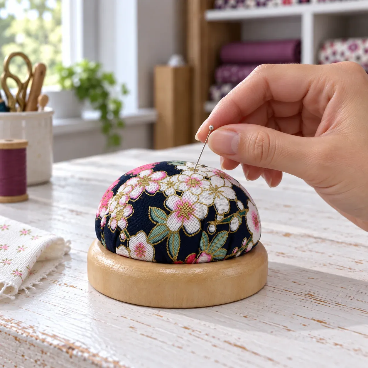 An adult placing a sewing pin in the floral pincushion; the pin is not included.