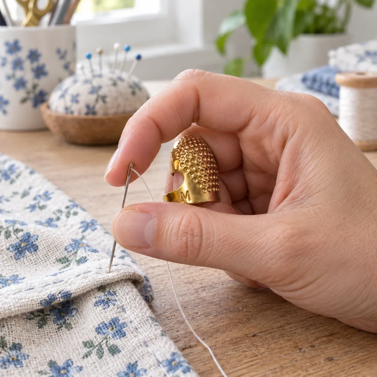 Cressida Sewing Thimble worn during cotton hand sewing