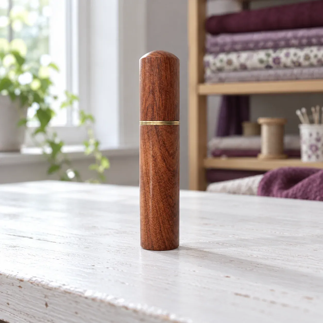 Closed red-brown wooden needle case with a narrow brass screw-closure seam.