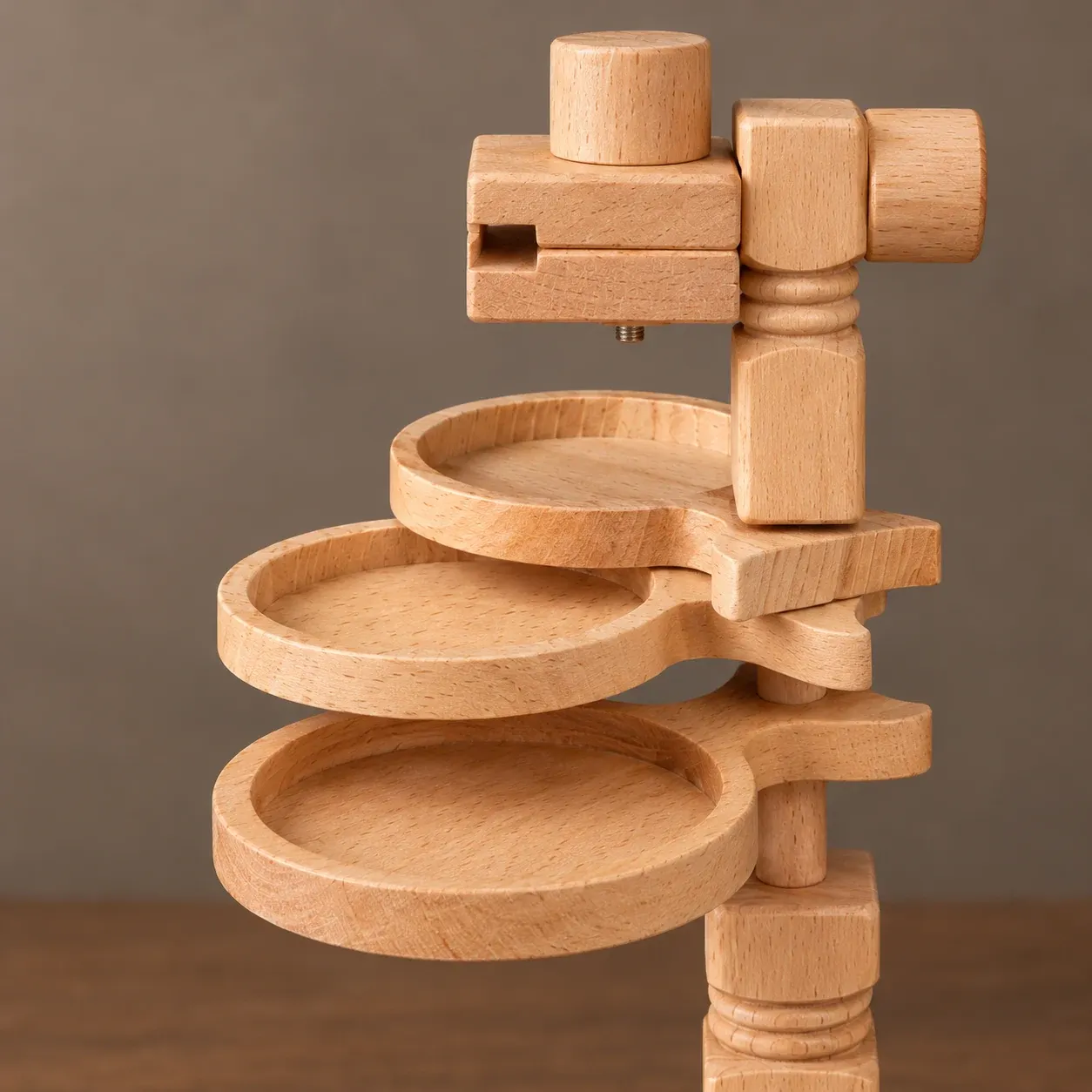Close view of the hoop clamp and three wooden trays
