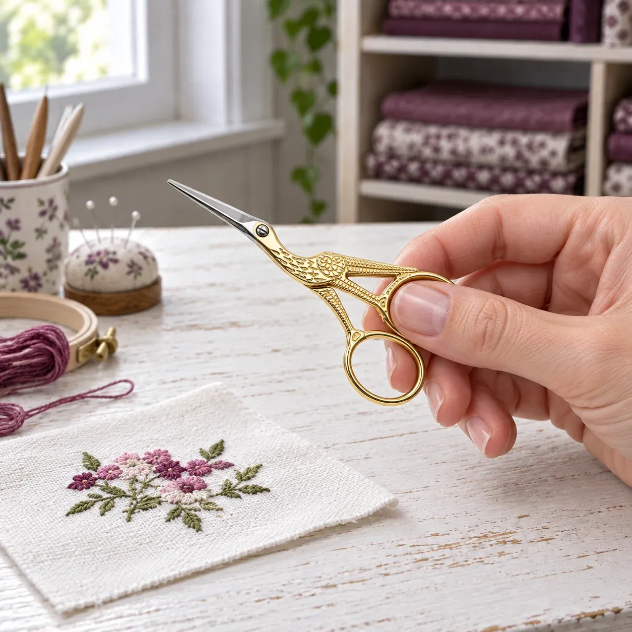 An adult hand holding the compact stork scissors beside embroidery; fabric and thread are styling props.